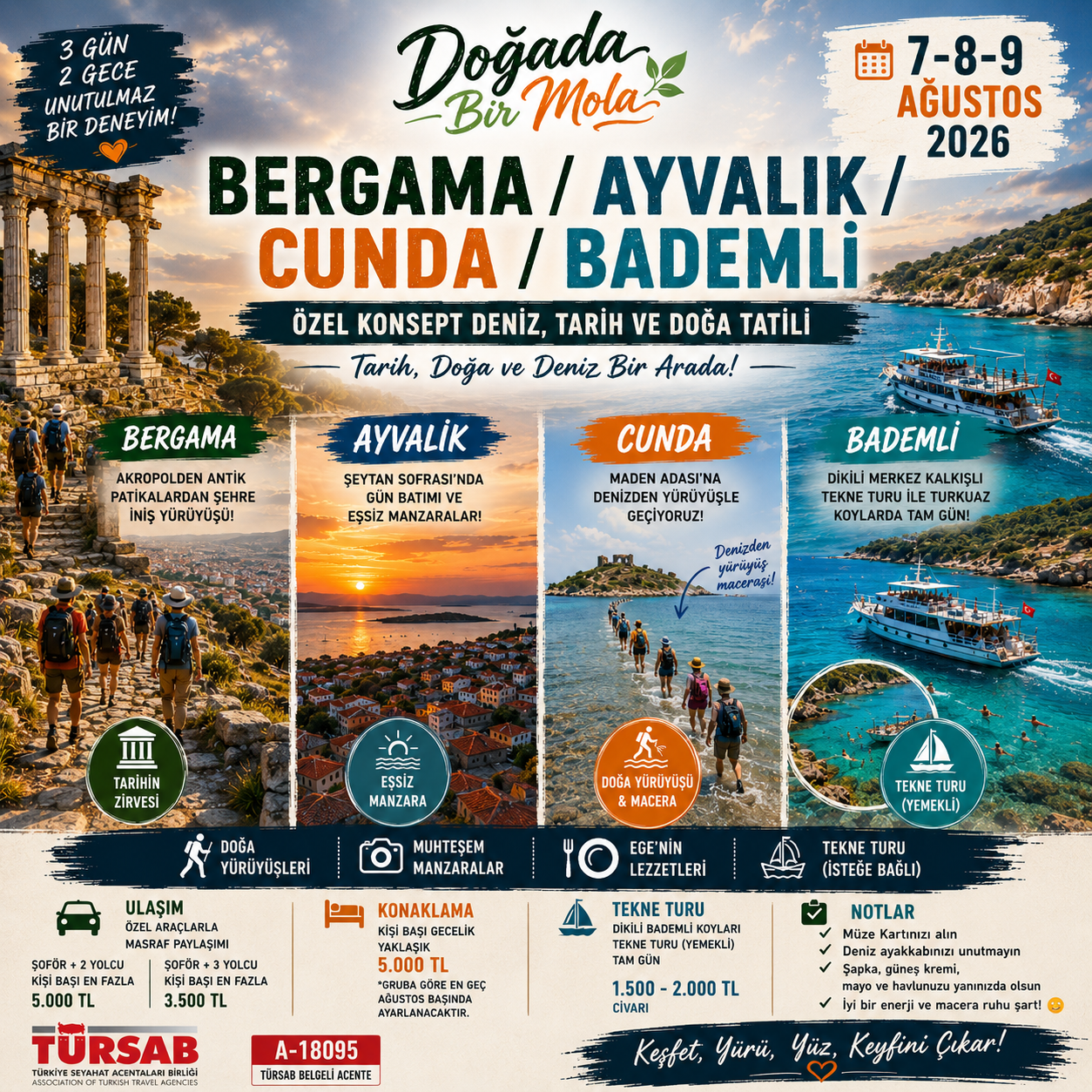 7-8-9 Ağustos Bergama / Ayvalık / Cunda / Bademli Özel Konsept Deniz, Tarih ve Doğa Tatili